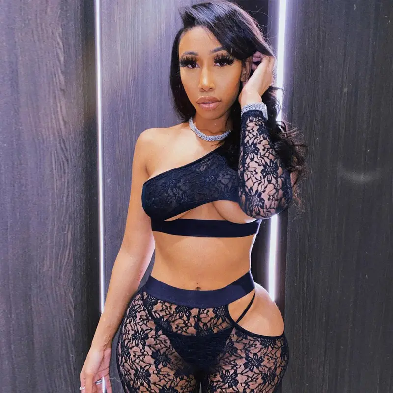 2023 spring new sexy outfits women two piece pants set lace see through hollowed out floral fashion suits party club wear lady