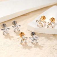 Perhiasan Fashion ASTM F136 Titanium Berlapis Emas Anting Zirkon Bentuk Bunga Tytan Lucu untuk Pernikahan, Tindik Tubuh, Labret, Helix, Lobe