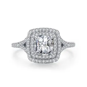 奢华方形造型设计三层石材925纯银女钻石订婚结婚戒指
