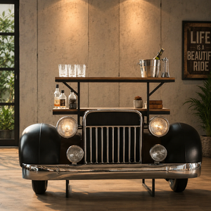 Chariot de bar automobile classique, chariot de service vintage industriel avec comptoir en bois, structure métallique, porte-bouteilles et rangement pour verres - Product Image 1