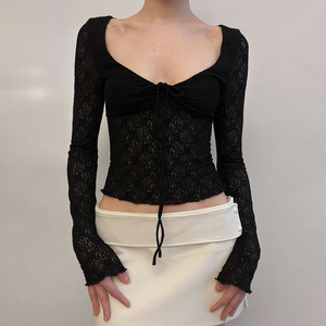 Chemise pour femme à manches longues, col en V, détails de nœud, ajustée, en dentelle noire florale respirante, style punk gothique - Product Image 3