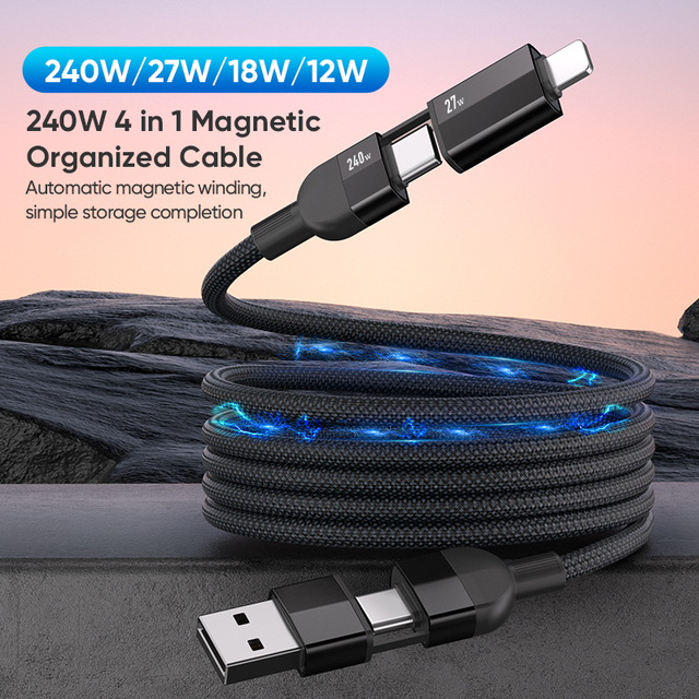 4in1 Magnetic 240w Fast Charging Cable Can Be Self-Stored Supports Data Transmission with Typc and L Interfaces