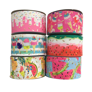 Cinta de grogrén con estampado de postres y detalles de lámina dorada para manualidades, envoltura de regalos y decoración de fiestas, surtido de sandía - Product Image 1