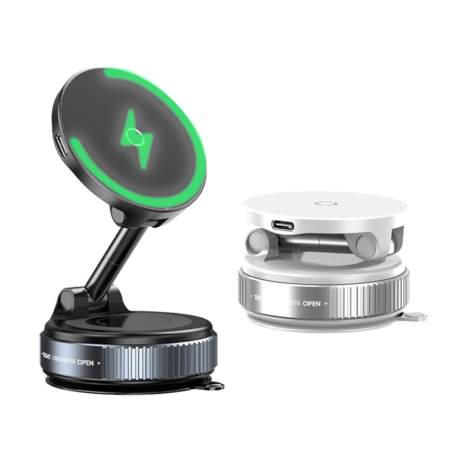 360 Rotating Magnetic Charger Phone Holder Foldable Magnetic Vacuum Phone Holder with Wireless Charger for Car Gym Mirror Shower