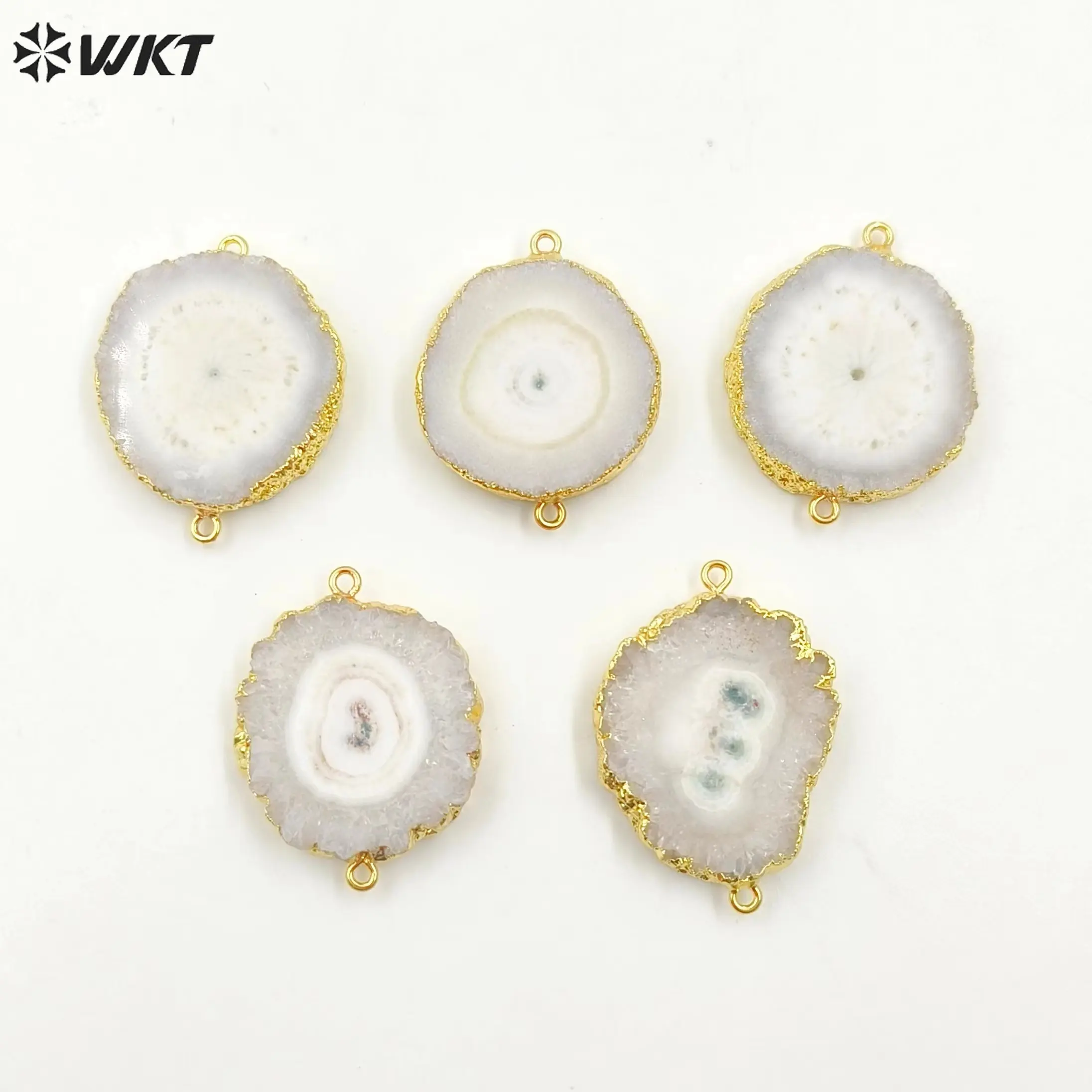WT-C086 Wholesale Natural solar stalactite pendant 18k gold plated double loops white flower stone connectors for jewelry making