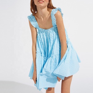 Robe Mini smock en coton à rayures et encolure carrée, tenue de luxe pour femmes, longueur moyenne, bleu marine, épissure <span class=keywords><strong>Aqua</strong></span> et blanc - Product Image 1