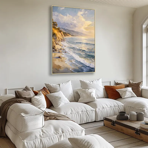 3D peint à la main bleu et or plage coucher de soleil mur Art toile peinture à l'huile pour la décoration intérieure paysage côtier pittoresque - Product Image 3