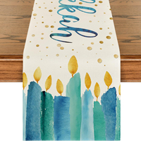 Chemin de table Hanouka bleu et or, 3 motifs : Ménorah, Étoile de David, Colombe, en lin, pour la Chanoeka, décoration de maison pour les fêtes juives