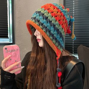 Gorro de punto a rayas de colores con orejeras con borlas, gorro cálido de invierno para mujer, estilo asiático, hecho a mano, elástico y plegable - Product Image 1