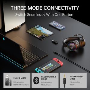 Casque de jeu sans fil EkSA 2,4 GHz, circum-auriculaire, avec éclairage RGB et microphone pour PS5, PC, PS4, Switch, mobile, Mac - Product Image 2