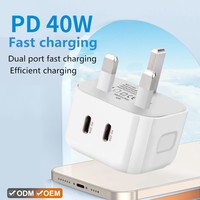 Chargeur de téléphone portable 40W, adaptateurs de voyage PD 40W, chargeur 2 USB-C, charge super rapide, prise UK, prise murale USB Type A et C