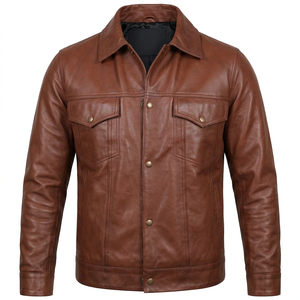 Desire <b>Jacket</b> <b>Men's</b> <b>Brown</b> <b>Leather</b> <b>Jacket</b> Turn-down Collar Button Closure Solid Color Casual Autumn Wear Regular Length - Product Image 1