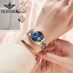 OUPINKE 3202 Moon Phase <b>Automatic</b> Watch for Women Elegant Skeleton Dial <b>Chronograph</b> Auto Date Waterproof Ladies Mechanical Watch - Product Image 5