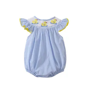 Summer new baby onesie flying sleeve play sleeved Harley embroidered ducklings cute bag Fanny coat cotton thin crawling suit
