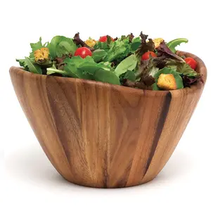 Wooden salad bowl set with serving forks mixing magnetic serving utensils attached to large acacia wood bowl Wooden salad bowl