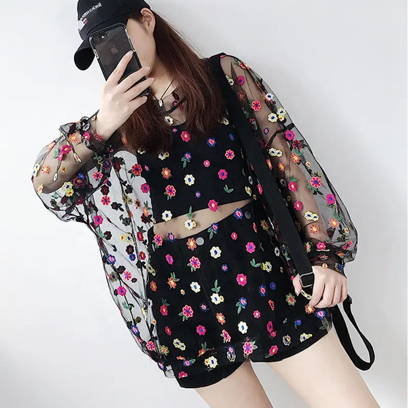 2021 new fashion women black chiffon sexy blouse girls transparent mesh floral embroidered blouse