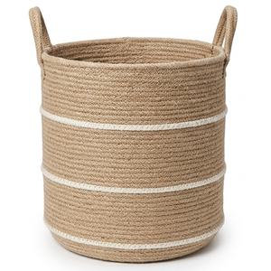 Handwoven Cotton Rope Laundry <b>Hamper</b> Decorative Jute <b>Storage</b> Basket With Handles For Blankets Towels Toys Living Room Organizer - Product Image 1