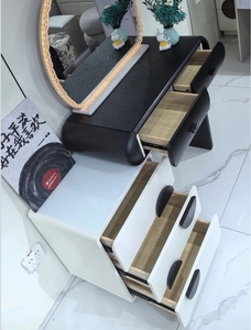 Wholesale Simple Style Bedroom Dressing Furniture LED Round Mirror Makeup <b>Vanity</b> Desk With Storage Drawers And Stool - Product Image 5
