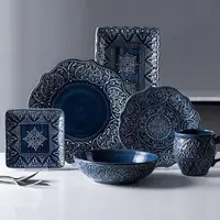 देहाती शैली डाइनिंग सेट इतालवी विंटेज घुटा हुआ डिजाइन नीले व्यंजन और प्लेटें बर्तन क्रॉकरी चीनी मिट्टी के बरतन डिनर बर्तन सेट