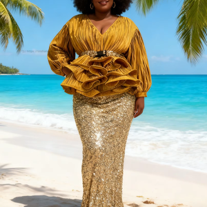 Conjunto de 2 piezas de moda africana para mujer: Camisa brillante con cuello en V, manga farol y dobladillo con volantes, y falda de cintura alta con lentejuelas - Product Image 2