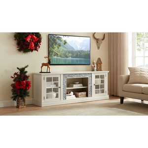 Mueble de TV Moderno de 70 Pulgadas con 2 Puertas de Almacenamiento, Consola Multimedia de Imitación Piedra, Centro de Entretenimiento Grande Blanco para Sala de Estar - Product Image 5