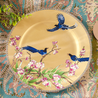 Service de table 70 pièces en porcelaine fine, style chinois, motif oiseaux pie, bord doré, vaisselle de luxe exquise