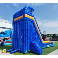 Tobogán Acuático Inflable de PVC Iridiscente Comercial con Piscina, Tobogán Acuático con Palmeras Tropicales para Niños y Adultos