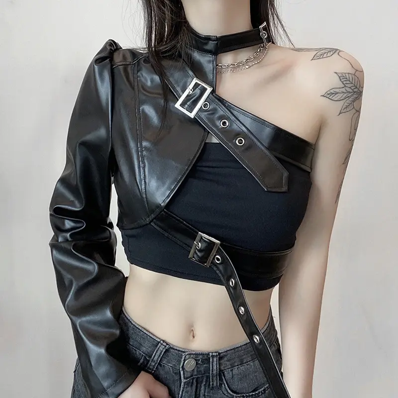 Thời Trang Hip Hop PU Leather Jacket Nữ Nút Kim Loại Một Vai Sexy Punk Thời Trang Dạo Phố Halter Crop Top Goth Techwear