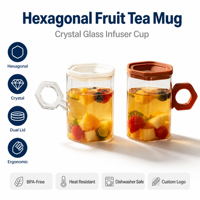 Taza de Vidrio Hexagonal con Tapa Infusora de Frutas, Ecológica, Transparente, con Logotipo Personalizado OEM, para Hogar, Oficina o Restaurante