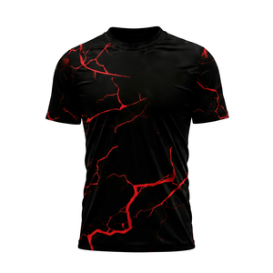 Men's Black Red Lightning Print Short Sleeve <b>Compression</b> Shirt Crew Neck Moisture Wicking Fitted Polyester Sport Top - Product Image 1