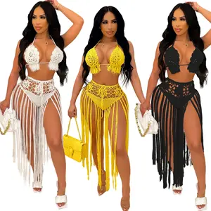 New Arrivals 2022 Women Knit Woven Solid Color Two Piece Beach Sets Womans Sexy Fringe 2 Piece Swimsuits