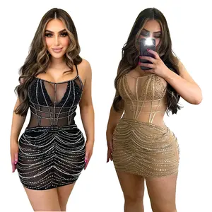 CX6382 Mesh See Through Sin mangas XXL Nightclub Wear Dress Sparkle Boob Strap Mini vestidos con diamantes de imitación y cadena