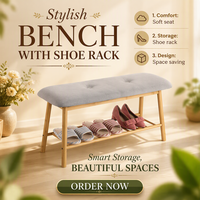Banc à chaussures en bambou avec siège rembourré, étagère de rangement à 2 niveaux, organisateur d'entrée, banc de couloir pour salon, chambre à coucher, tabouret de rangement