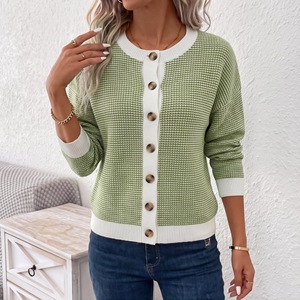Cardigan pour femme, vert herbe, col rond, tricoté, color block, coupe ample, automne-hiver, style Europe-Amérique, tailles SMLXL - Product Image 1