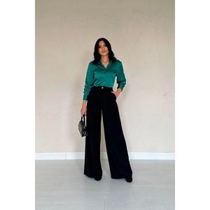 Pantalon large à taille haute noir en tissu crêpe respirant pour femmes - Product Image 5