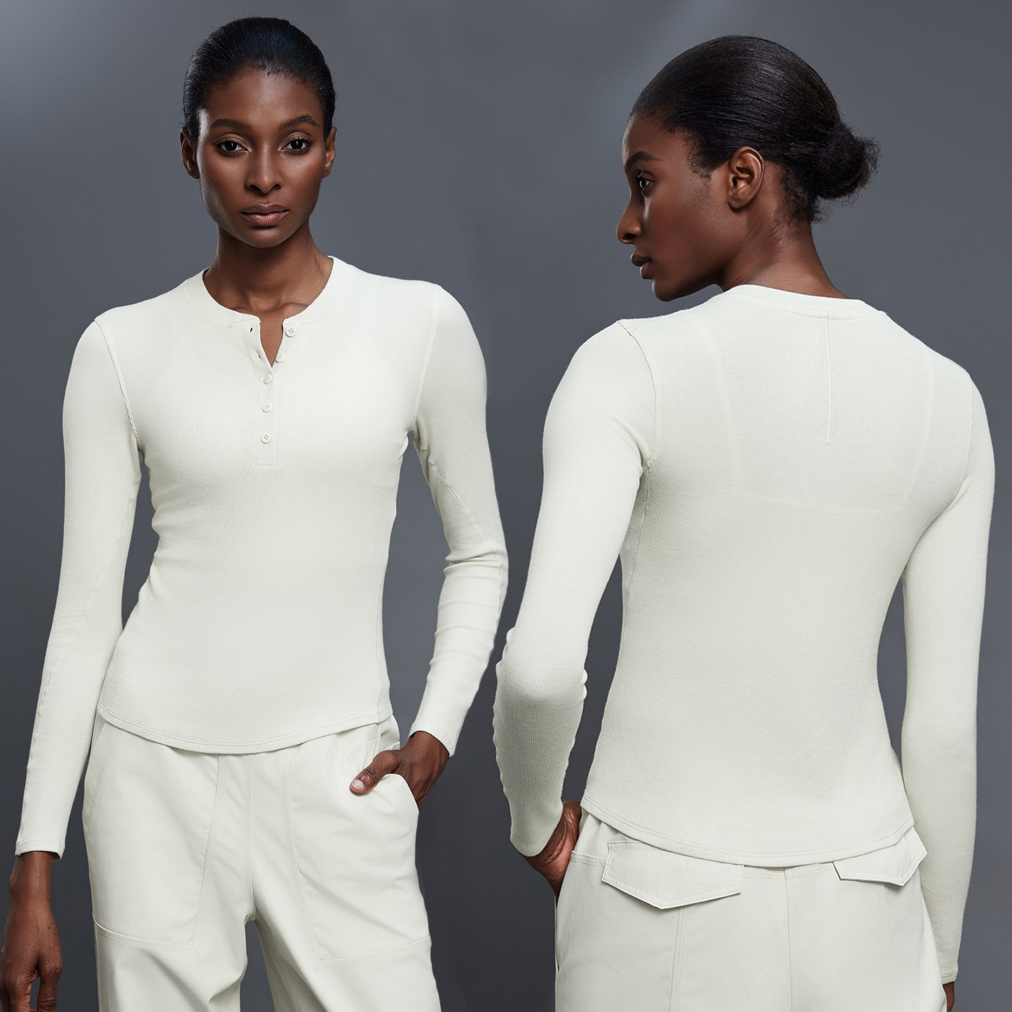 XW-D25146 Sportswear Long Sleeve Ribbed Sports Top Front Button Breathable Outdoors Workout Slim Gym Women Clothing Yoga Tops