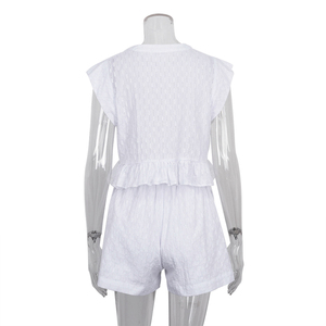 Conjunto de Dos Piezas para <span class=keywords><strong>Mujer</strong></span>, Camiseta de Manga Corta con Volantes Jacquard de Oficina, Color Blanco, Conjunto Casual de Dos Piezas con Pantalones Cortos - Product Image 5