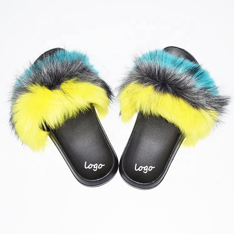 Faux Fur Multicolor Fur Slides Girls Faux Fur Slippers Fullfy