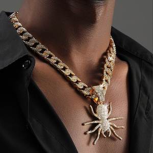 Mens Iced Out Cuban Link Chain Spider Pendant <b>Necklace</b> Gold Plated CZ Diamond Hip Hop Bling <b>Statement</b> Jewelry - Product Image 1