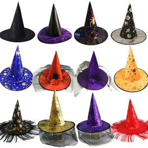 Produk Baru Halloween Satin Cosplay Aksesori Pesta dengan Benang Karnaval Topi Penyihir Gagak Mewah Gila