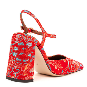 Sandales à talons hauts épais pour femme, grande taille 45, à bout carré, motif floral, en soie, pour soirée, coupe large, avec boucle de cheville - Product Image 3