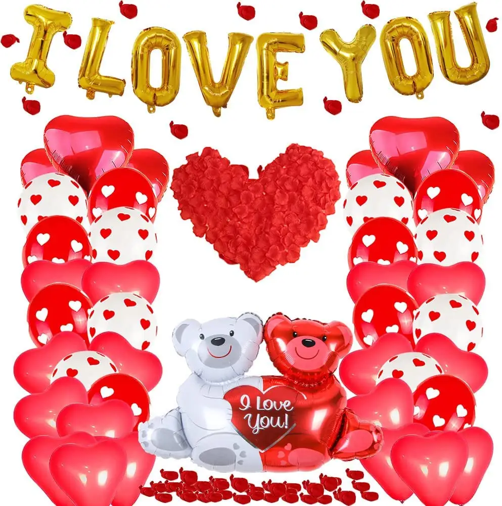 Valentines Day Balloons Decorations I Love You Balloons and Heart Balloons Kit with 1000Pcs Red Silk Rose Petals Flower Decor