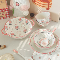 Ensemble de bols et assiettes en céramique à motif de cochon mignon, passe au micro-ondes, finition sous glaçure, vaisselle domestique