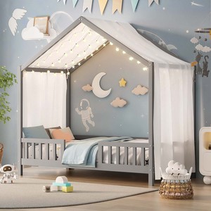 <span class=keywords><strong>Lit</strong></span> enfant taille double, <span class=keywords><strong>lit</strong></span> Montessori gris au sol avec baldaquin et toit, pour chambre de tout-petit, décoration de chambre d'enfant - Product Image 1
