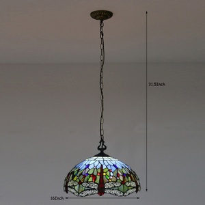 LongHuiJing Mediterranean Tiffany Stained Glass Adjustable Height Pendant <b>Lights</b> Vintage Hanging 16-Inch <b>LED</b>/Halogen 360-Degree - Product Image 5
