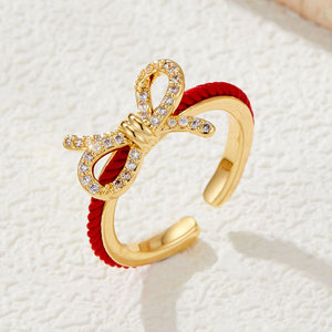 <b>Red</b> String <b>Bow</b> Open Ring Micro Pave Zirconia Adjustable Index Finger Ring For Women - Product Image 4