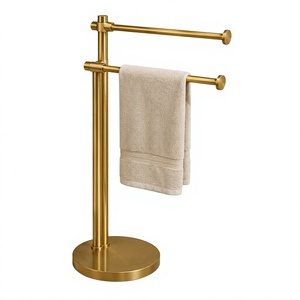 Double Tier Standing Towel <b>Rack</b> Brushed Gold Finish Modern Luxury Bathroom Towel Holder Round Base Stainless Steel Construction - Product Image 1