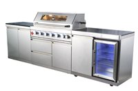 Cuisine extérieure Personnalisation BBQ Island Éviers intégrés 304 316 Acier inoxydable Barbecue à gaz Roues verrouillables Congélateurs indépendants
