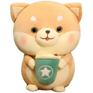 Shiba Inu Plush Doll Lovely Milk Tea Dog Stuffed Animal Dog Sleeping Plush Pillow Toy