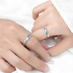 แหวนคู่แพลตตินั่ม S925 ชุบเงินเคลือบสีน้ำเงินไล่เฉดแบบหยดน้ำ แหวนคู่รัก เครื่องประดับเข้าชุด แหวนปรับขนาดได้ - Product Image 3